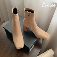 Load image into Gallery viewer, Khaki-Suede-Ankle-Boots-with-Square-Toe-Design-product-shots
