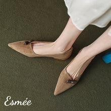 Load image into Gallery viewer, Khaki-Suede-Flats-with-Bow-Knot-and-Golden-Heels-model-shots
