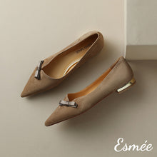 Load image into Gallery viewer, Khaki-Suede-Flats-with-Bow-Knot-and-Golden-Heels-product-shots
