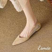 Load image into Gallery viewer, Khaki-Suede-Flats-with-Net-Design-and-Golden-Heels-model-shots
