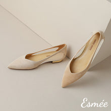 Load image into Gallery viewer, Khaki-Suede-Flats-with-Net-Design-and-Golden-Heels-product-shots
