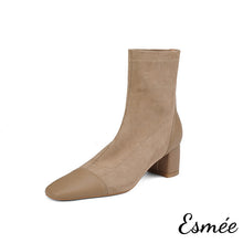 Load image into Gallery viewer, Khaki-Suede-High-Heel-Ankle-Boots-with-Leather-Toe-Cap-product-shots-white-background
