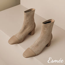 Load image into Gallery viewer, Khaki-Suede-High-Heel-Ankle-Boots-with-Leather-Toe-Cap-product-shots
