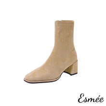 Load image into Gallery viewer, Khaki-Suede-High-Heel-Ankle-Boots-with-Square-Toe-Design-product-shots-white-background
