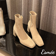 Load image into Gallery viewer, Khaki-Suede-High-Heel-Ankle-Boots-with-Square-Toe-Design-product-shots
