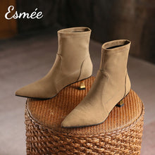 Load image into Gallery viewer, Khaki-Suede-Pointed-Toe-Ankle-Boots-with-Golden-Kitten-Heels-product-shots
