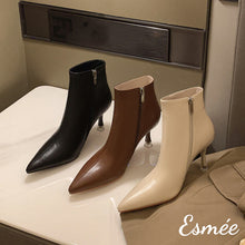 Load image into Gallery viewer, Leather-Pointed-Toe-Ankle-Boots-with-Stiletto-Heels-product-shots
