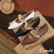 Load image into Gallery viewer, Leather-Pointed-toe-Flats-with-Golden-Chain-Straps-product-shots
