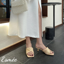 Load image into Gallery viewer, Light-Brown-Raffia-Woven-High-Heel-Sandals-with-Square-Toe-model-shots
