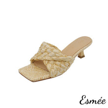 Load image into Gallery viewer, Light-Brown-Raffia-Woven-High-Heel-Sandals-with-Square-Toe-product-shots-white-background
