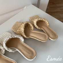 Load image into Gallery viewer, Light-Brown-Raffia-Woven-High-Heel-Sandals-with-Square-Toe-product-shots
