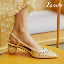 Load image into Gallery viewer, Light-Yellow-Slingback-Mules-in-Lambskin-Leather-with-4.5-cm-Sculpted-Round-Heels-model-shots
