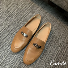 Load image into Gallery viewer, Light-brown-leather-loafers-with-silver-plated-buckle-product-shots
