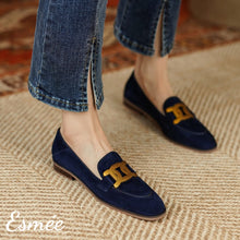 Load image into Gallery viewer, Navy-Suede-Loafers-with-Metal-Buckle-model-shots
