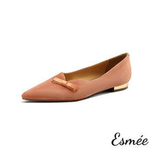 Load image into Gallery viewer, Orange-Pink-Suede-Flats-with-Bow-Knot-and-Golden-Heels-product-shots-white-background
