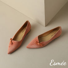 Load image into Gallery viewer, Orange-Pink-Suede-Flats-with-Bow-Knot-and-Golden-Heels-product-shots
