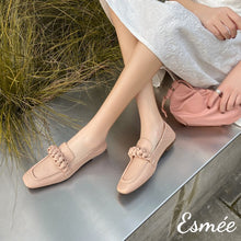 Load image into Gallery viewer, Pink-Lambskin-Leather-Loafers-with-Ribbon-Design-model-shots
