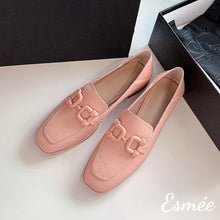 Load image into Gallery viewer, Pink-Leather-Loafers-with-Double-D-Buckle-product-shots
