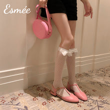 Load image into Gallery viewer, Pink-Leather-T-Straps-Sandals-with-Flower-Buckle-model-shots
