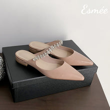 Load image into Gallery viewer, Pink-Patent-Leather-Flat-Mules-with-Diamond-Straps-product-shots
