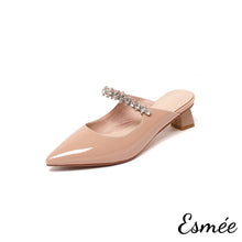 Load image into Gallery viewer, Pink-Patent-Leather-High-Heel-Mules-with-Diamond-Straps-product-shots-white-background
