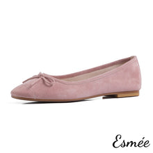 Load image into Gallery viewer, Pink-Suede-Ballet-Flats-with-Bow-Knot-product-shots-white-background
