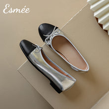 Load image into Gallery viewer, Silver-Leather-Ballerina-Flats-with-Bow-Knot-and-Black-Toe-Cap-product-shots
