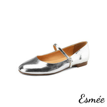 Load image into Gallery viewer, Silver-Leather-Round-Toe-Maryjanes-product-shots-white-background
