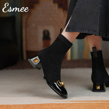 Load image into Gallery viewer, Suede-Ankle-Boots-with-Horsebit-Metal-and-Rockstud-Heels-model-shots
