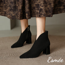 Load image into Gallery viewer, Suede-High-Heel-Ankle-Boots-with-V-Cut-Design-model-shots
