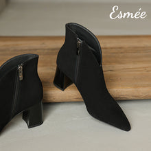 Load image into Gallery viewer, Suede-High-Heel-Ankle-Boots-with-V-Cut-Design-product-shots
