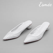 Load image into Gallery viewer, White-Leather-High-Heel-Mules-with-Sculpted-Round-Heels-product-shots
