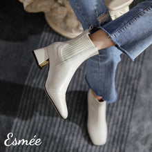 Load image into Gallery viewer, White-Leather-Fabrics-Chelsea-Boots-with-Block-Heels-model-shots
