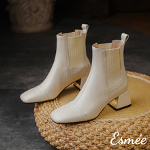 Load image into Gallery viewer, White-Leather-Fabrics-Chelsea-Boots-with-Block-Heels-product-shots
