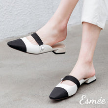 Load image into Gallery viewer, White-Leather-Mules-with-straps-and-black-almond-toe-model-shots
