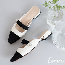 Load image into Gallery viewer, White-Leather-Mules-with-straps-and-black-almond-toe-product-shots
