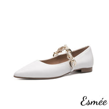 Load image into Gallery viewer, White-Leather-Pointed-toe-Flats-with-Golden-Chain-Straps-product-shots-white-background
