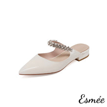 Load image into Gallery viewer, White-Patent-Leather-Flat-Mules-with-Diamond-Straps-product-shots-white-background
