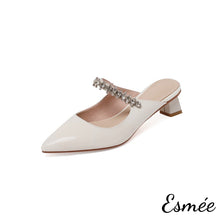 Load image into Gallery viewer, White-Patent-Leather-High-Heel-Mules-with-Diamond-Straps-product-shots-white-background
