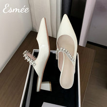 Load image into Gallery viewer, White-Patent-Leather-High-Heel-Mules-with-Diamond-Straps-product-shots
