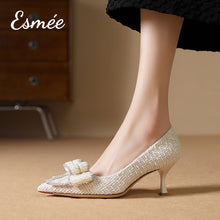 將圖片載入圖庫檢視器 White-Pearl-Design-Fabrics-High-Heels-with-Bow-Knot-model-shots-1
