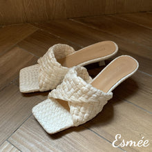 Load image into Gallery viewer, White-Raffia-Woven-High-Heel-Sandals-with-Square-Toe-product-shots
