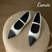 Load image into Gallery viewer, White-Tweed-Maryjanes-with-Black-Toe-Cap-and-Chain-Design-product-shots
