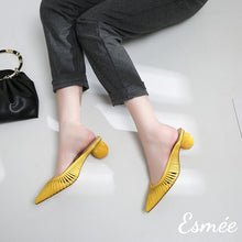 Load image into Gallery viewer, Yellow-Leather-High-Heel-Mules-with-Sculpted-Round-Heels-model-shots
