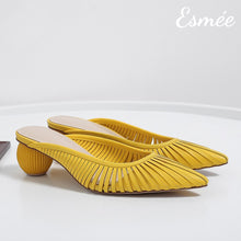 Load image into Gallery viewer, Yellow-Leather-High-Heel-Mules-with-Sculpted-Round-Heels-product-shots
